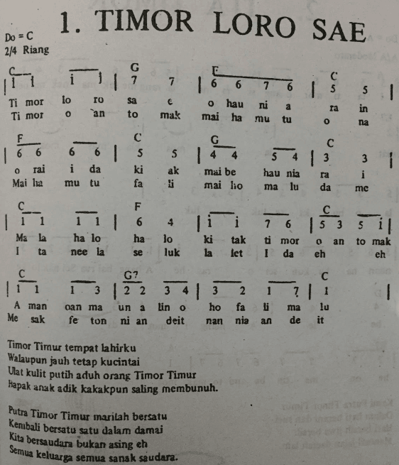 Not Angka Pianika Lagu Timor Loro Sae - Lagu Daerah 